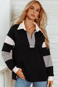 Fall Striped Colorblock Patchwork Collar Sweatshirt