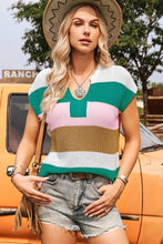 Fashion-W Color Block Notch V Neck Sweater T Shirt*S-4X