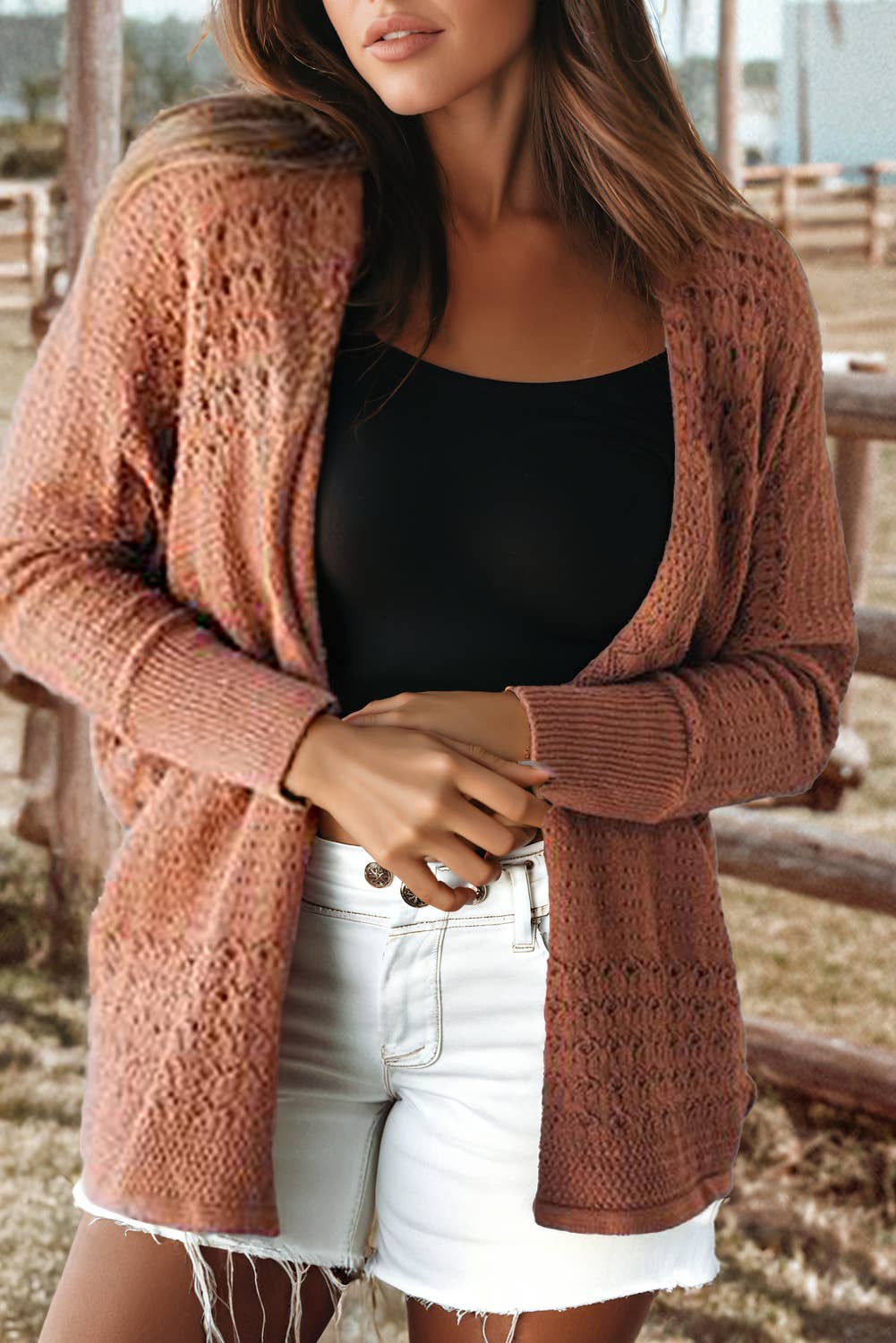 Mix Pattern Hollowed Knit Open Front Cardigan