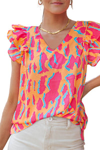 Neon Print V Neck Ruffled Sleeve Top