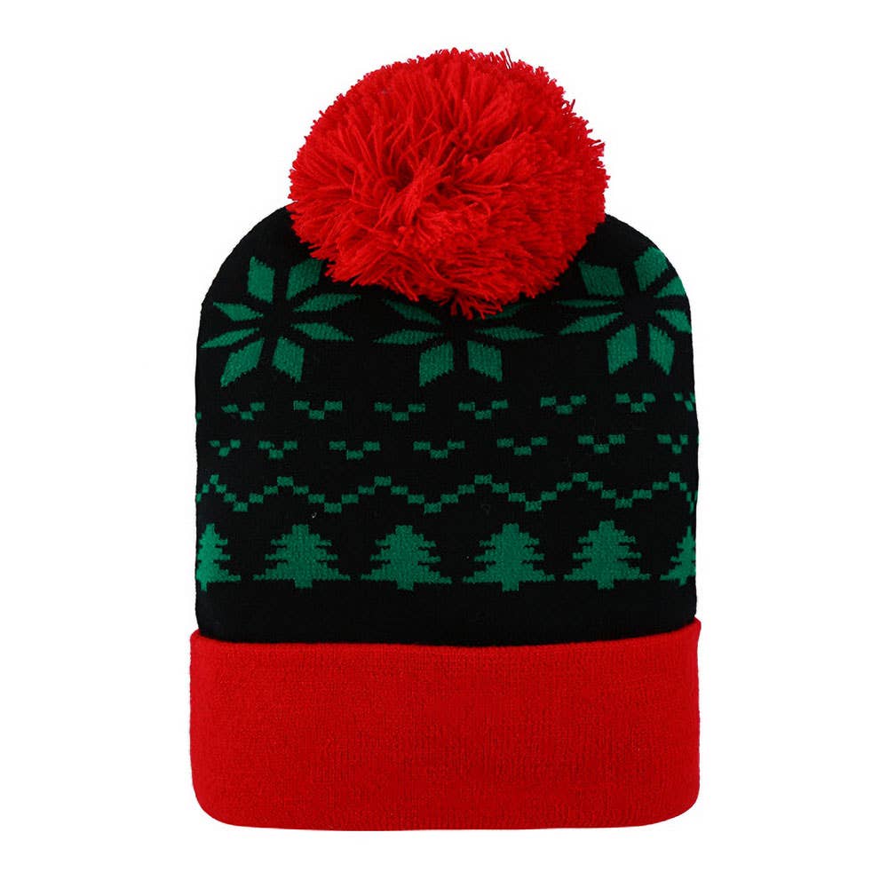 Snowflake Christmas Tree Pattern Pom Pom Winter Beanie Hat