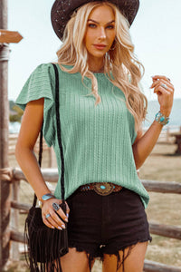 Mint Color Textured Flutter Sleeve Top