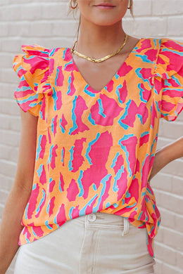 Neon Print V Neck Ruffled Sleeve Top