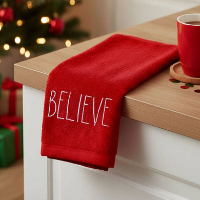BELIEVE Embroidered Festive Holiday Hand Towel