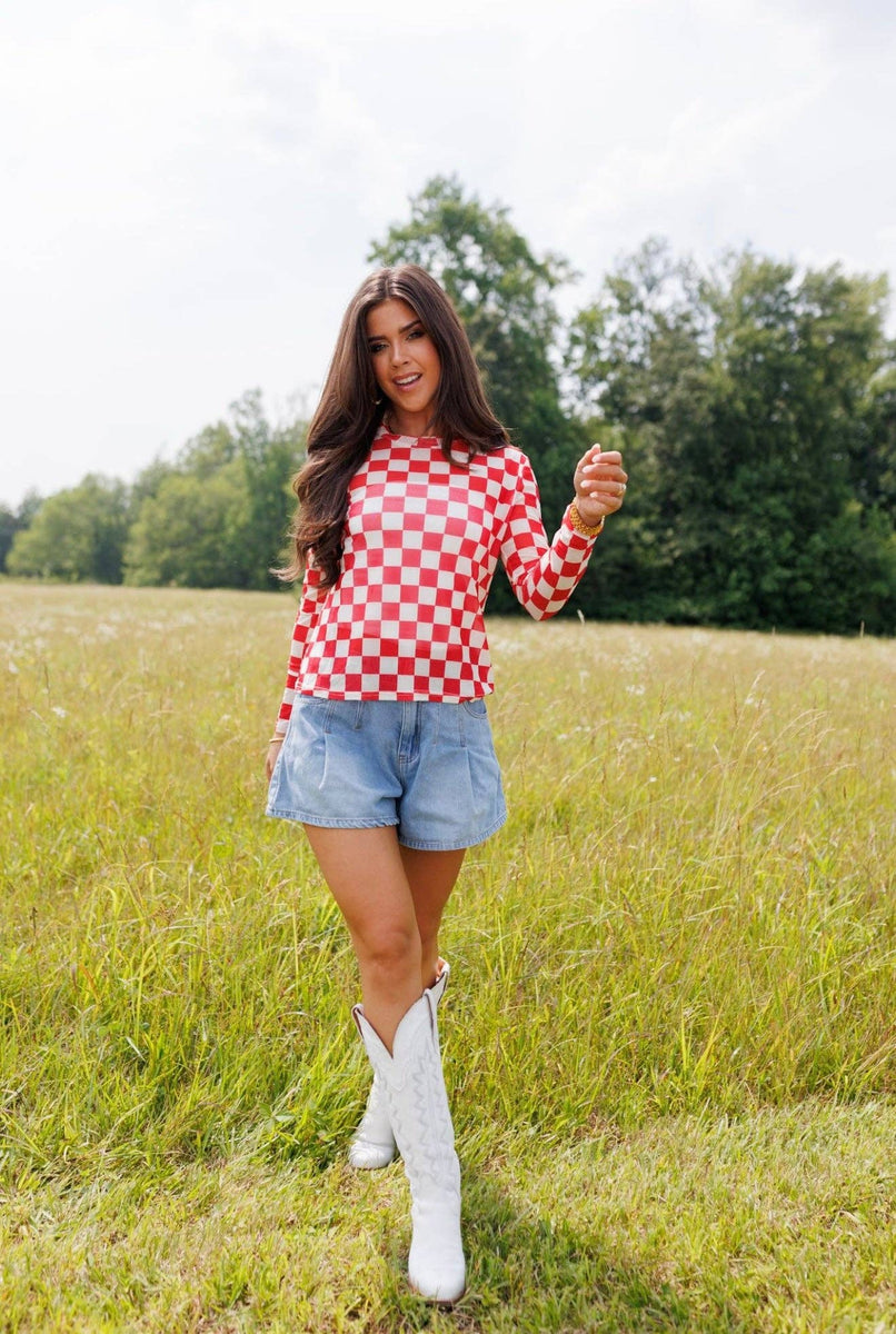 Red Checkerboard Mesh Top – Just Enough Glam