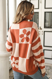 Retro Checkered Floral Print Sweater