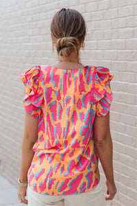 Neon Print V Neck Ruffled Sleeve Top