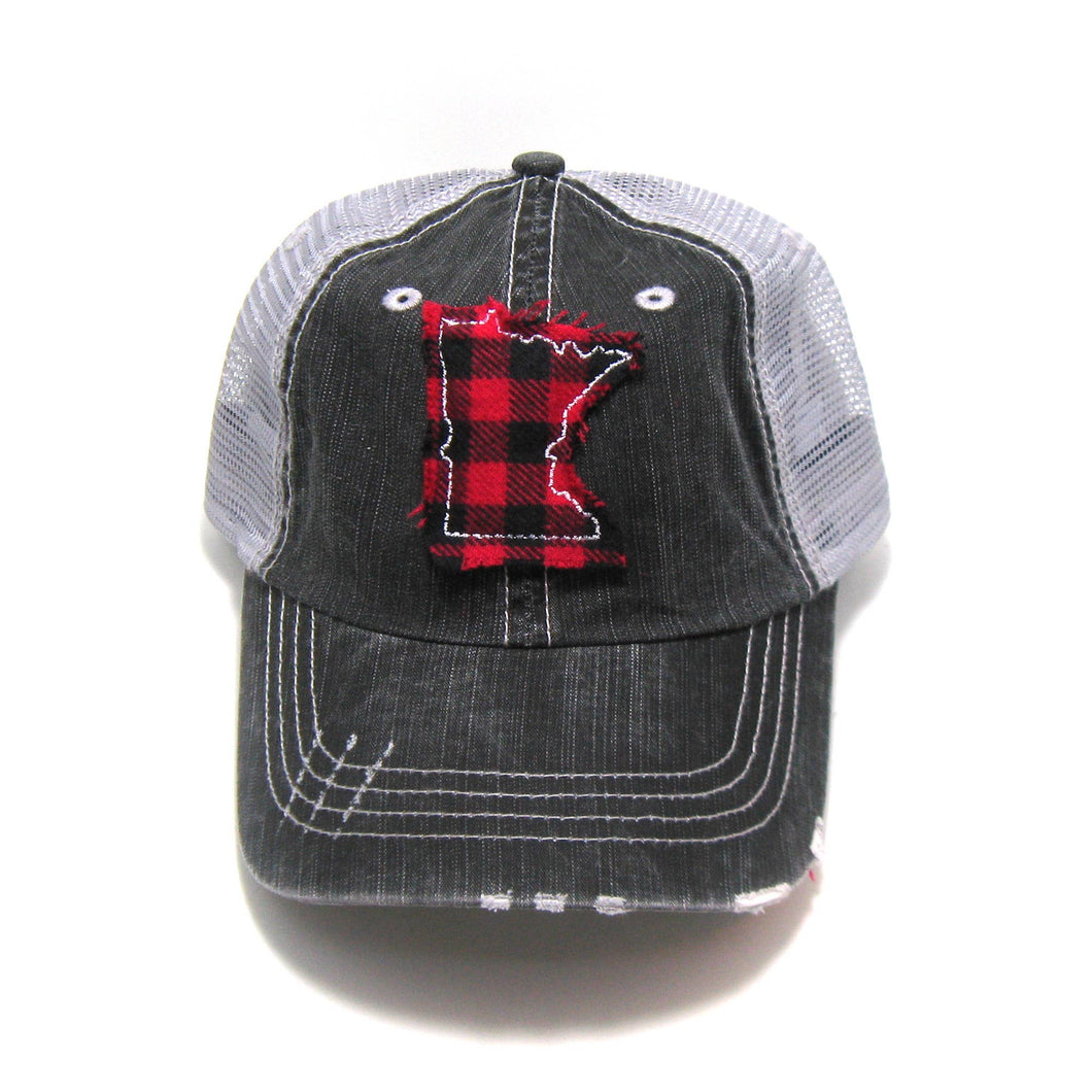 Gracie Designs - Mini Check Fabric State - Distressed Trucker Hat - Red
