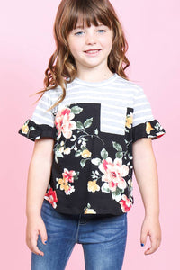 Perfect Peach - PPT2179T-TODDLER GIRLS FLORAL PRINT STRIPES CONTRAST POCKET