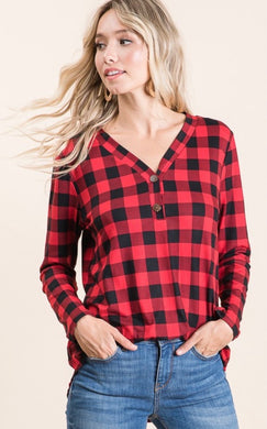 Buffalo Plaid V-neck Top